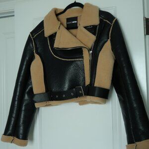 Fashion Nova Cropped Faux Leather & Sherpa Jacket Belted Moto Style Women’s S/L
